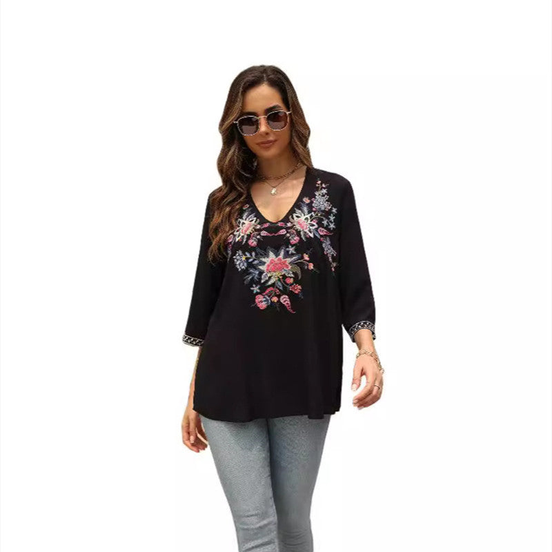 Women's V-neck Embroidered Top