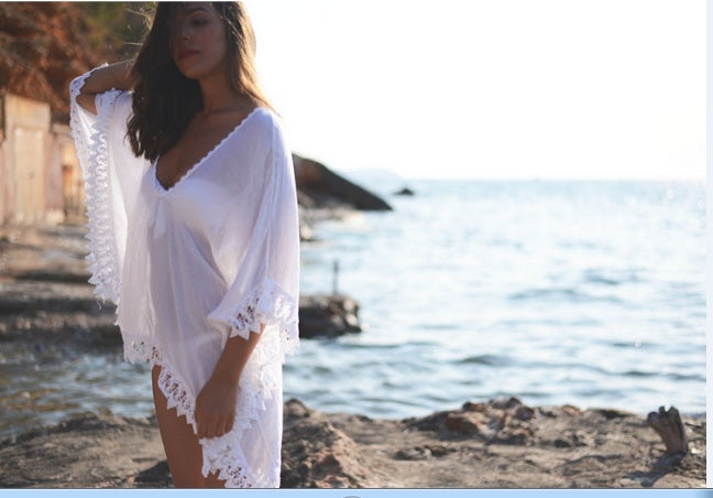 Fashion Solid Color Beach Bikini Lace White Blouse
