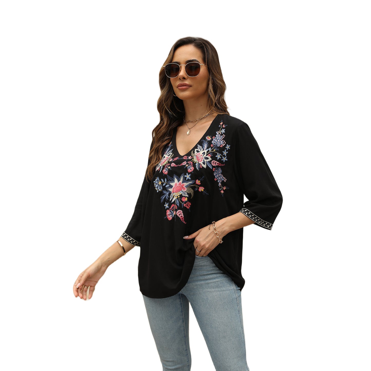 Women's V-neck Embroidered Top