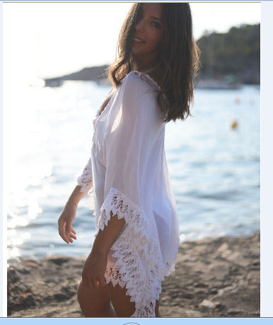Fashion Solid Color Beach Bikini Lace White Blouse