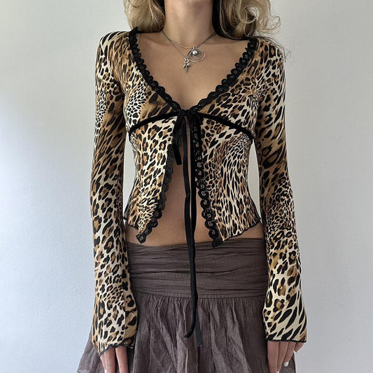 Lace Stitching Leopard Print Contrast Color Lace-up Top